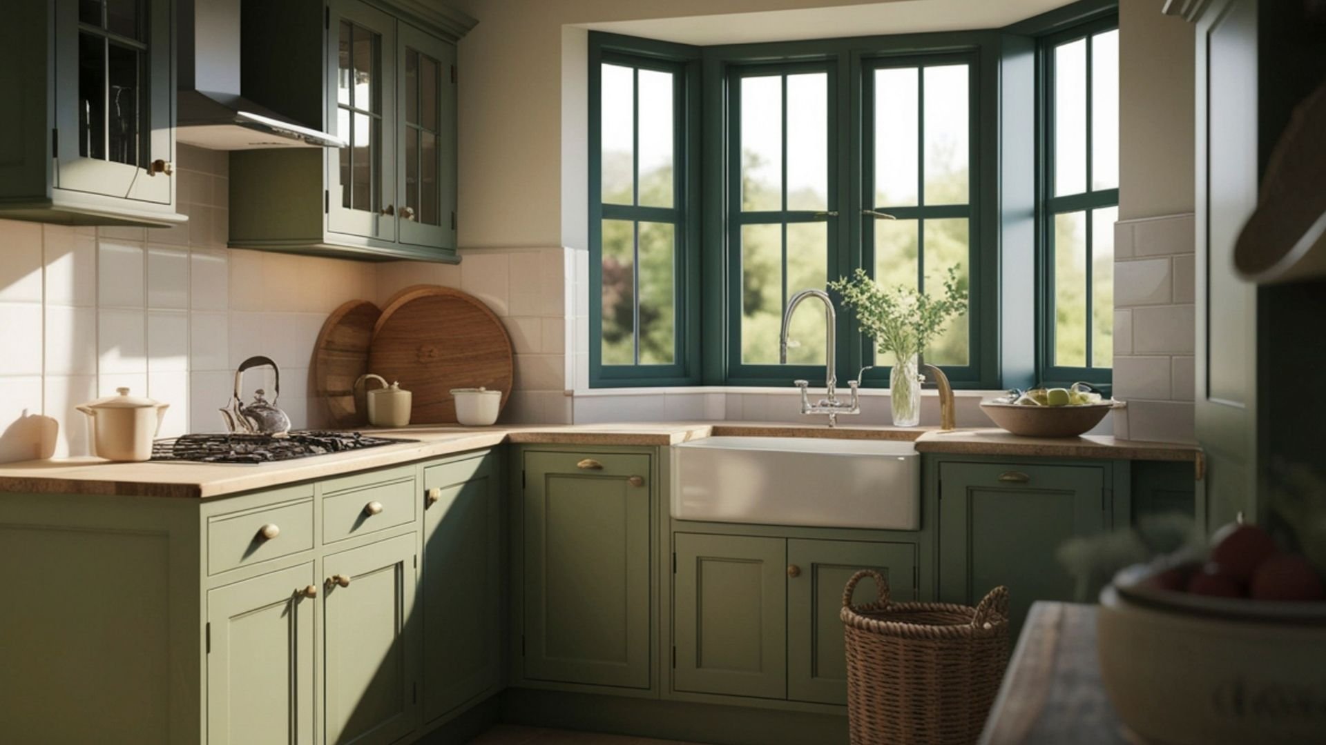 Bright farmhouse kitchen with sage green cabinets, white subway tiles, and large green-framed windows.